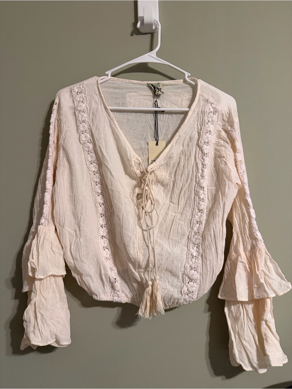 Jaded Gypsy Crop Top one size Long Sleeve Tasseled Tie Front Embroidered